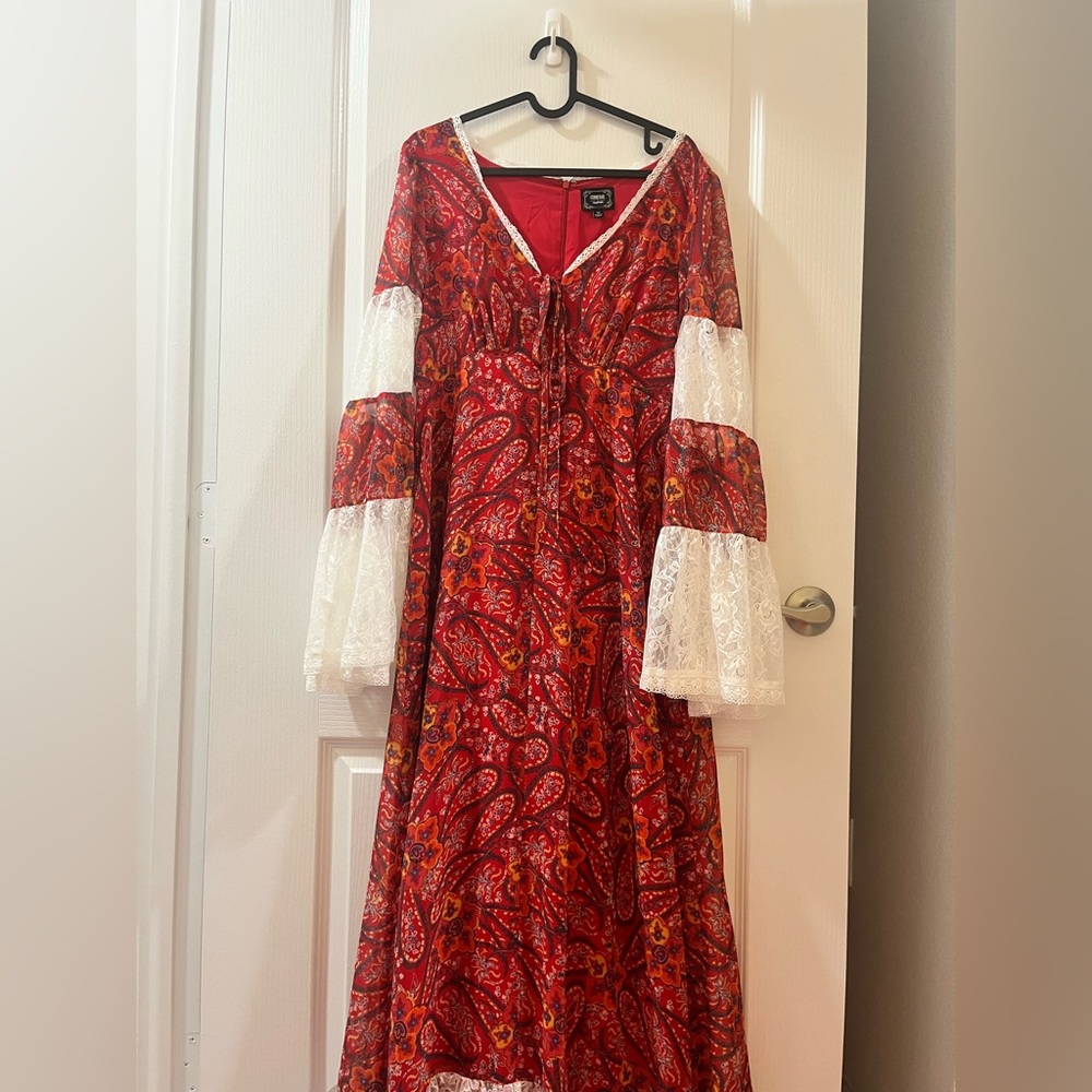 Gunne Sax by ModCloth red and orange paisley 1970s inspired dress size medium